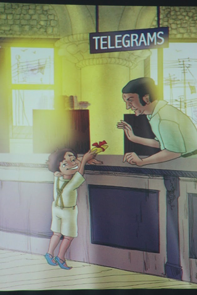 Cartoon of a boy trying to send a small wrapped gift through the telegram office