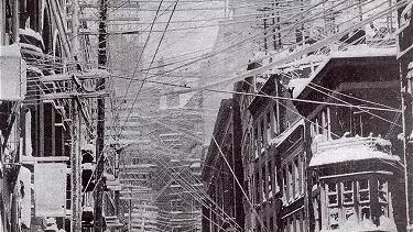 Telephone, telegraph, and power lines over the streets of New York City, 1888. Source: Wikimedia Commons