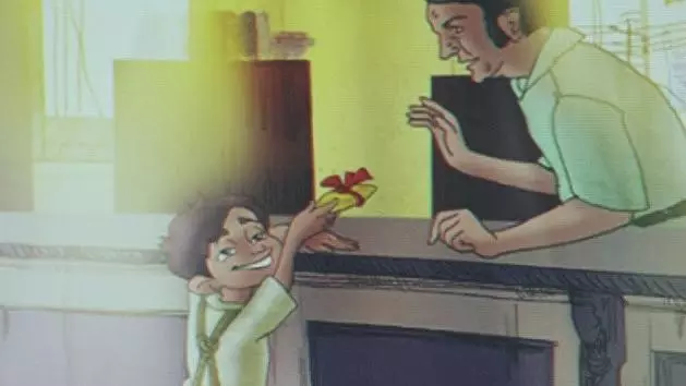 Cartoon of a boy trying to send a small wrapped gift through the telegram office