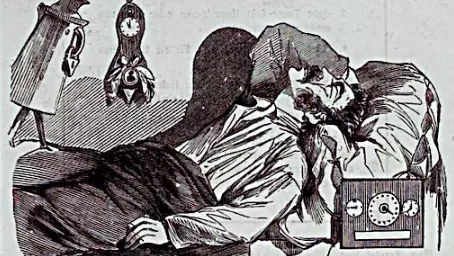 Black-and-white print of a dozing man with alarm clock