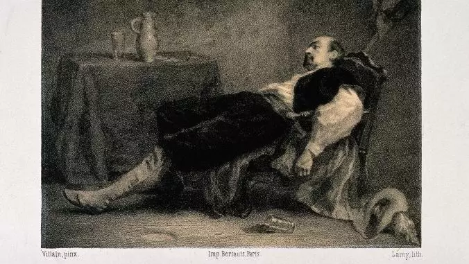 A man lies dead or unconscious in his chair, his last glass of drink fallen from his hand. Lithograph by Lamy, c. 1860, after Villain. Wellcome Library, London.
