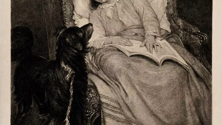 'A young girl convalescing in an armchair is visited by her dog. Etching by H. Formstecher after H. Bacon.' 