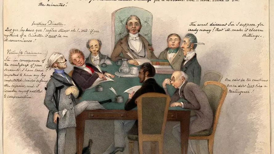 Cartoon, entitled 'A Railway Board's "Court of Conscience"--Victim and Directors