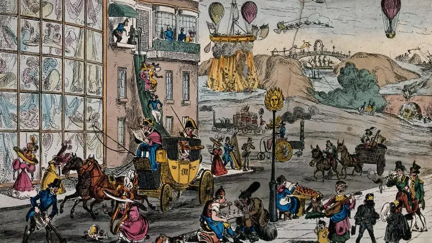 A street scene with people and carriages deep in mud, street traders and musicians and hot-air balloons in the distance. Coloured etching by Paul Pry, 1828