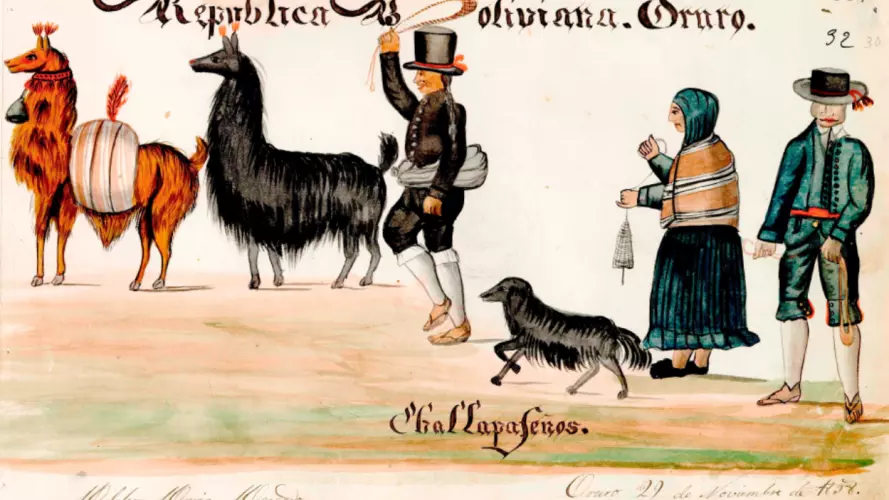 Gouache showing traditionally-dressed people whipping llamas