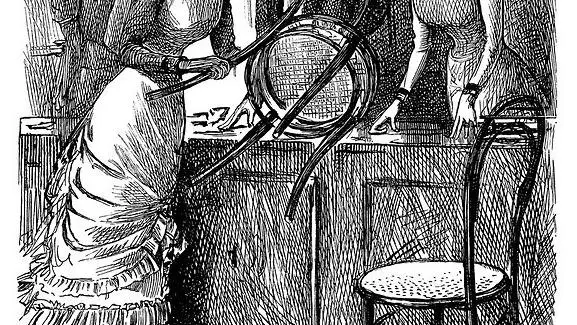 In this illustration for Punch magazine (1880), George du Maurier shows a customer passing a chair to an overworked shop assistant.