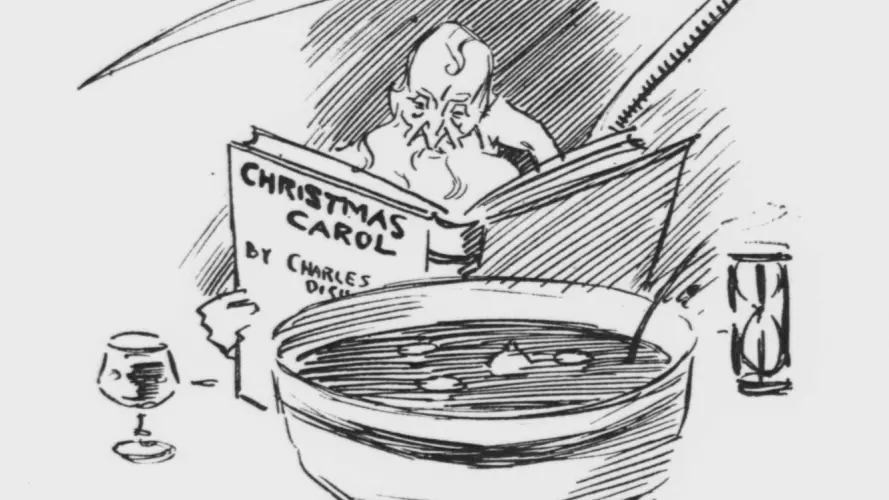 Cartoon of man with reaper reading A Christmas Carol