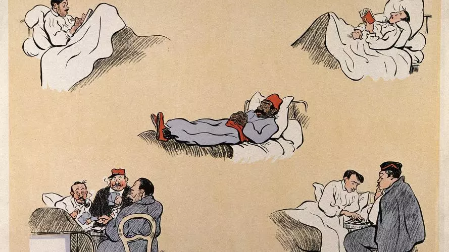 Cartoon, 'L'apres Midi', showing various people in hospital beds