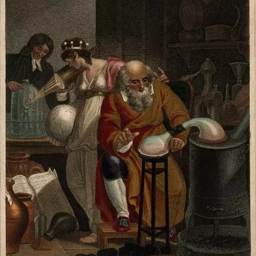Engraving of an alchemist