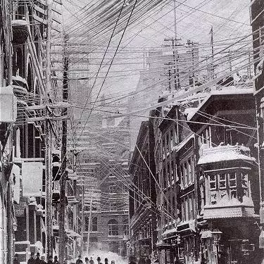 Telephone, telegraph, and power lines over the streets of New York City, 1888. Source: Wikimedia Commons