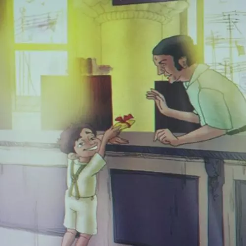 Cartoon of a boy trying to send a small wrapped gift through the telegram office