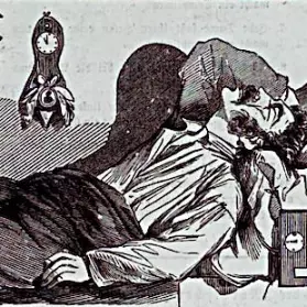 Black-and-white print of a dozing man with alarm clock