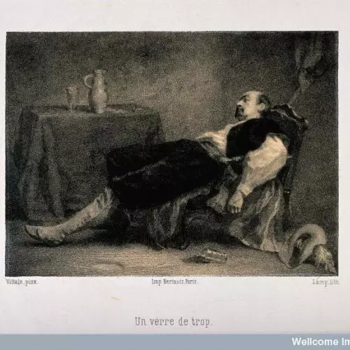 A man lies dead or unconscious in his chair, his last glass of drink fallen from his hand. Lithograph by Lamy, c. 1860, after Villain. Wellcome Library, London.
