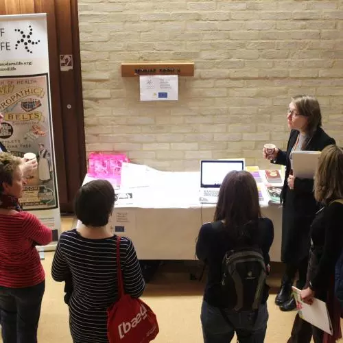 Teachers discussing GCSE resources with Dr Catherine Charlwood. Photo credit: Nathan Stazicker