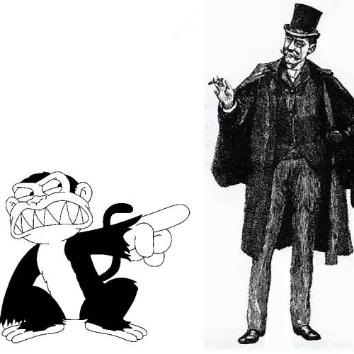 Evil monkey pointing at Victorian gentleman
