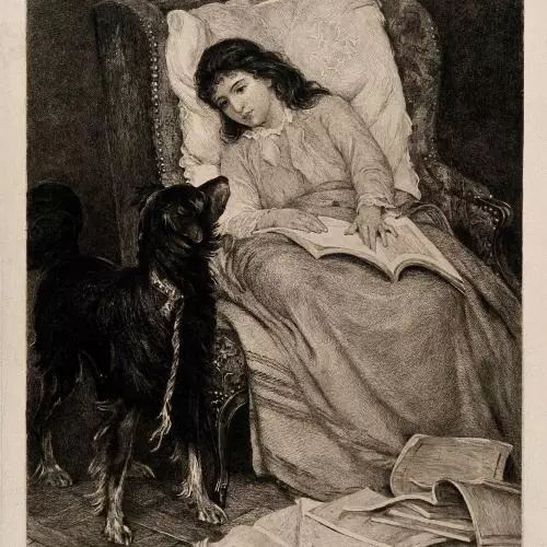 'A young girl convalescing in an armchair is visited by her dog. Etching by H. Formstecher after H. Bacon.' 