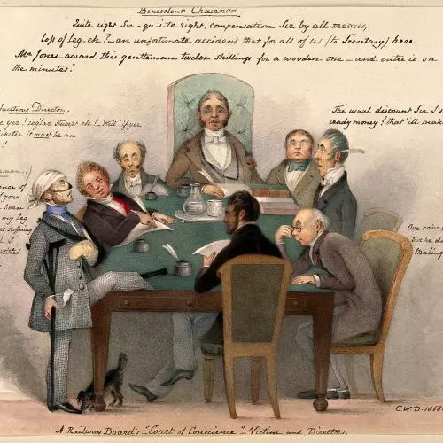 Cartoon, entitled 'A Railway Board's "Court of Conscience"--Victim and Directors