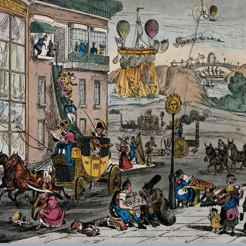 A street scene with people and carriages deep in mud, street traders and musicians and hot-air balloons in the distance. Coloured etching by Paul Pry, 1828