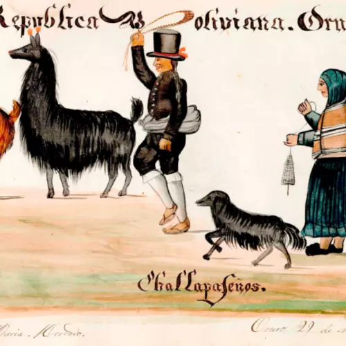 Gouache showing traditionally-dressed people whipping llamas