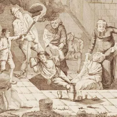 Engraving of a man being reanimated