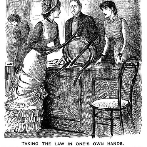 In this illustration for Punch magazine (1880), George du Maurier shows a customer passing a chair to an overworked shop assistant.