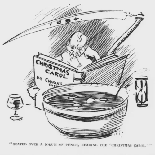 Cartoon of man with reaper reading A Christmas Carol
